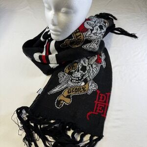 Y2k Ed Hardy by Christian Audigier Knit Scarf Death Or Glory Skull Dagger Fringe